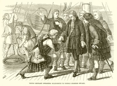 El joven Moidart jurando lealtad al príncipe Carlos Stuart de English School