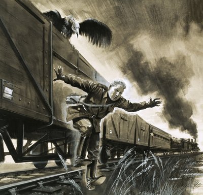 El joven Winston Churchill escapa en tren, en compañía de un buitre de English School