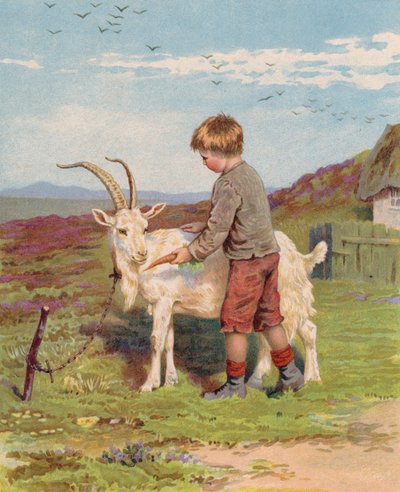 Joven alimentando una zanahoria a un macho cabrío en una granja (chromolitho) de English School