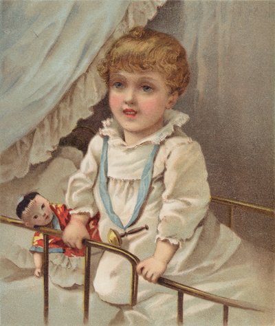 Niño pequeño en una cuna (cromolito) de English School