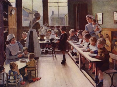 Niños pequeños a la hora de comer en una guardería (litografia en color) de English School