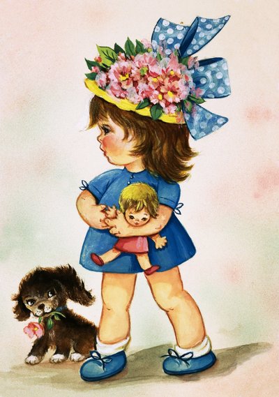Niña con sombrero floreado con muñeca y cachorro de English School