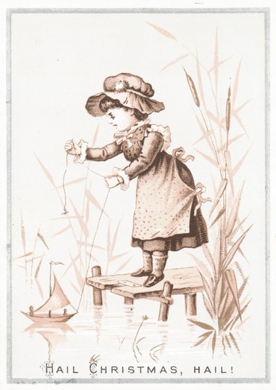 Niña joven en el muelle con yate, tarjeta de Navidad de English School