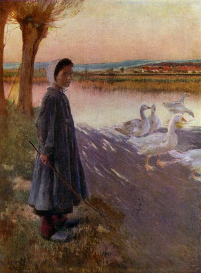 Niña cuidando una bandada de gansos (litografia de color) de English School