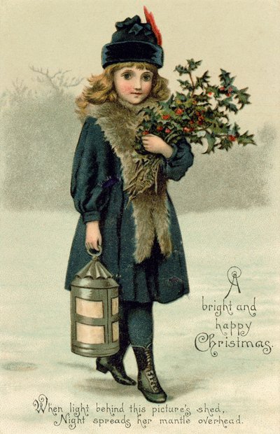 Niña con acebo y linterna, postal, principios del siglo XX de English School