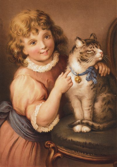 Chica joven con un gato (chromolitho) de English School