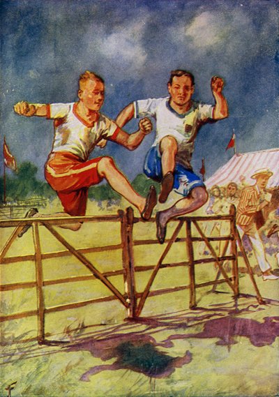 Jóvenes compitiendo en una carrera de obstáculos (litografia en color) de English School