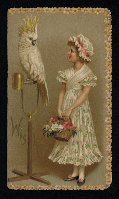 Mujer joven con una cacatúa blanca, tarjeta de felicitación. (cromolito) de English School