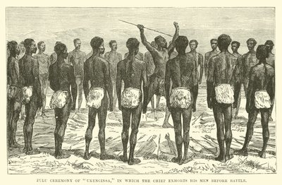 Ceremonia zulú de Ukuncinsa, en la que el jefe exhorta a sus hombres antes de la batalla de English School