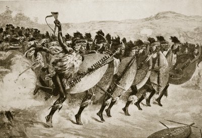 Zulúes avanzando para atacar en la colina de Kambula, 29 de marzo de 1879 de English School