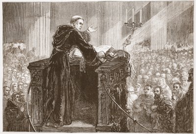 Zwingle predicando en la Catedral de Zúrich, ilustración de La Historia del Protestantismo de James Aitken Wylie, pub. 1878 de English School