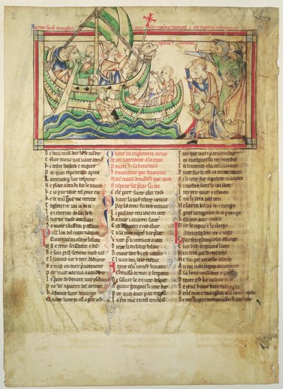 f.4v Tomás Becket desembarcando en Sandwich y bendiciendo el agua, de las Hojas de Becket, c.1220-40 de English School
