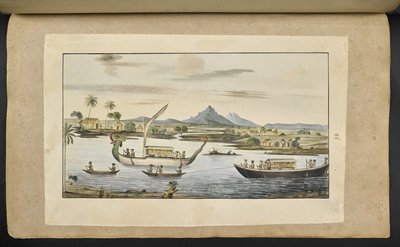 f.75 (lámina 86) Escena fluvial en Java con botes, incluido un bote con cabeza de dragón de English School