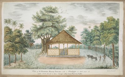 f.84 (95) La estatua de Kiay Poerwakali en un cobertizo con techo de paja en las afueras del pueblo de Batu Tulis (Oeste de Java). Inscrito en tinta en el frente: Vista de Kampong Batoe Toelies con un Pondoppo o cobertizo cerca de él debajo del cual se enc de English School