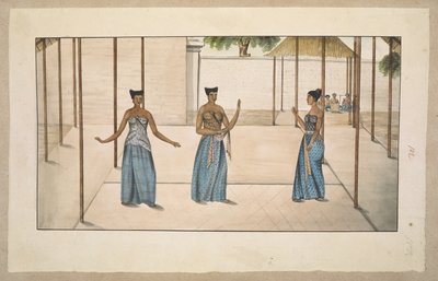 f.91 (102) Tres bailarines de la corte serimpi y orquesta gamelan, probablemente en Solo o Jogja 1811-13 (lápiz y acuarela sobre papel) de English School