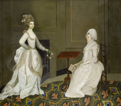 Dos damas en un interior, una leyendo, la otra sosteniendo una guirnalda de flores de English School, 18th Century