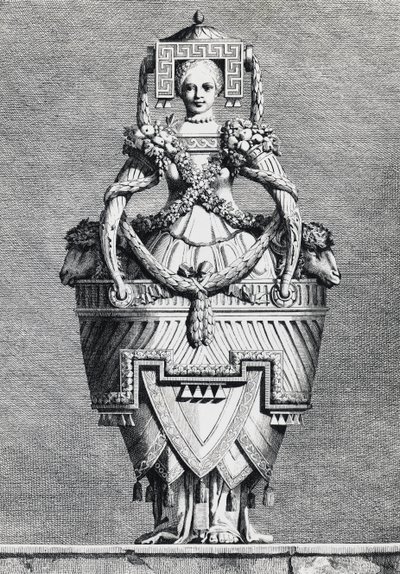 Jarrón antropomórfico, novia griega, grabado por Ennemond-Alexandre Petitot (1727-1801) de Mascarade la Grecque, Suite des Vases y Cheminees, Parma de Ennemond Alexandre (after) Petitot