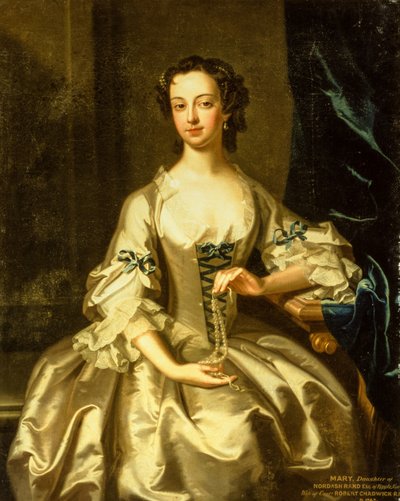 Retrato de Mary Rand por una cortina drapeada (óleo sobre lienzo) de Enoch Seeman