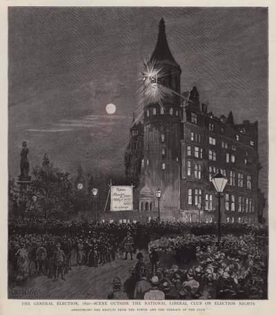 Anuncio de los resultados de las elecciones generales de 1892 desde el Club Liberal, Westminster, Londres de Enoch Ward