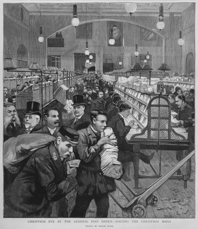Clasificación del correo navideño en la Oficina General de Correos, Londres, Nochebuena de Enoch Ward