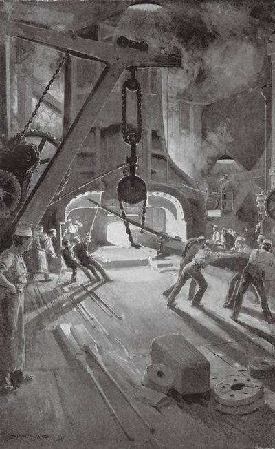 El martillo de vapor de 40 toneladas trabajando en el Arsenal de Woolwich (litografía) de Enoch Ward