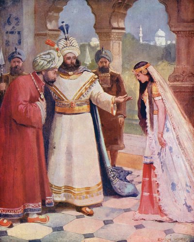 El Rey presenta a Sindbad a una Dama de la Corte (litografía en color) de Enoch Ward