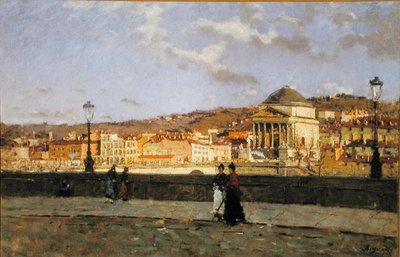 Muelle a lo largo del río Po y la Iglesia de la Grande Madre di Dio, Turín, 1882 de Enrico Reycend