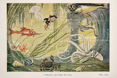 Ciuffettino en el fondo del mar, ilustración de Le Avventure di Ciuffettino de Enrico de Conti Novelli