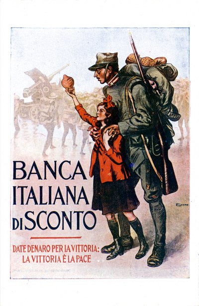 Primera Guerra Mundial: cartel italiano alentando un préstamo nacional de Enrico della Lionne