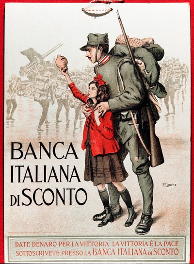 Primera Guerra Mundial: cartel italiano alentando un préstamo nacional representando a un soldado con una niña ofreciendo su lira - Ilustración de Enrico della Leonessa (1875-1921) de Enrico della Lionne