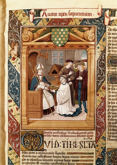 San Ambrosio (339-397), arzobispo de Milán, presenta sus obras a un familiar, de las "Obras de San Ambrosio (vol.1)" de Enrique de Bellorto