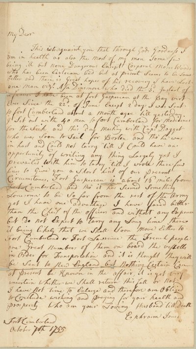 Carta a Allice Jones, Concord, Massachusetts, 7 de octubre de 1755 (pluma y tinta sobre papel) de Ephraim Jones
