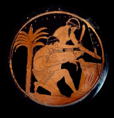 Arte griego: copa con figuras rojas en cerámica, medallón: sacrificio de un cerdo en un altar durante un rito religioso. Hecho por el pintor de Epidromos. 500 a.C. París, Museo del Louvre de Epidromos Painter