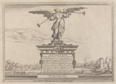 Página de dedicación con estatua de Fama de Ercole Bazicaluva