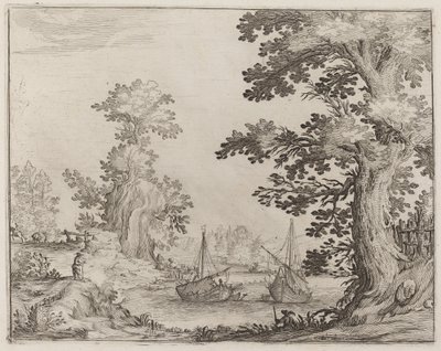Paisaje y Río con Barcos Anclados de Ercole Bazicaluva