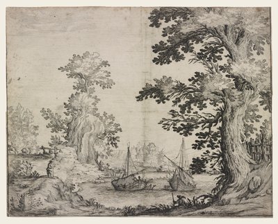 Paisaje con un río entre árboles y colinas, dos barcos en el centro de Ercole Bazzicaluva