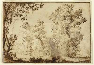 Paisaje boscoso con viajero en primer plano de Ercole Bazzicaluva