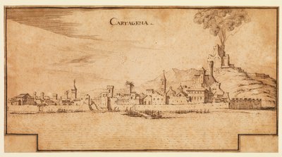 Vista de Cartagena, España, c.1642 (pluma y tinta marrón sobre papel verjurado, con líneas de encuadre en tinta marrón escalonadas en la parte inferior) de Ercole Frigoni Bazzicaluva