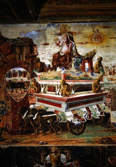 (detalle) del carro de Maia, de Septiembre: El triunfo de Vulcano, de la Sala de los Meses, 1467-70 de Ercole de Roberti