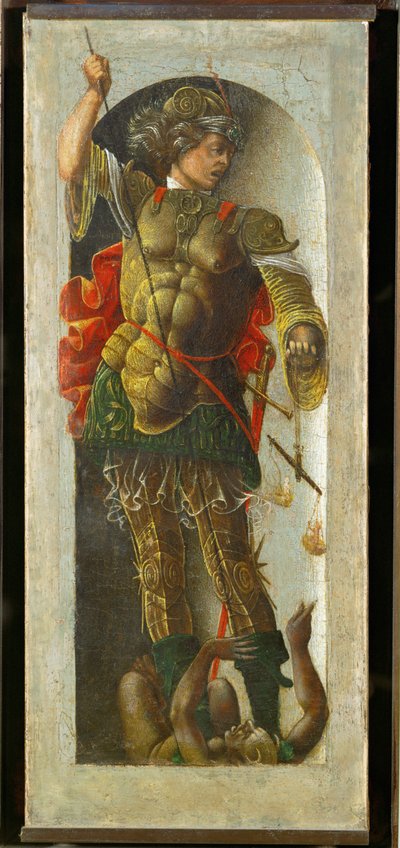 San Miguel, columna de un altar para San Vicente Ferrier, pintado para Bolonia por Francesco Cossa ... de Ercole de Roberti