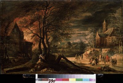 "Alegoría de la paciencia" Un país en guerra, cadáveres en el suelo, fuego a la izquierda, paisaje apocalíptico. Pintura de Ergo Enghelbert (1620-1667), siglo XVII Museo Pushkin, Moscú de Ergo Enghelbert
