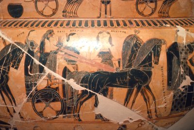 (detalle) de Zeus y Hera en un carro con Calíope del Vaso François, siglo VI a.C. de Ergotimos