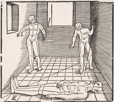Tres figuras masculinas en una habitación De: Unnderweissung der Proportzion de Erhard Schon