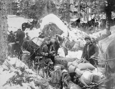 Buscadores de oro subiendo a Porcupine Hill en el sendero de Skagway, Alaska, durante la fiebre del oro de Klondike (1897-98) 1898 (fotografía en blanco y negro) de Eric A. Hegg