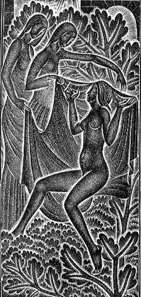 Ilustración de "Soy negra pero atractiva" (Nigra Sum Sed Formosa) de "El Cantar de los Cantares" (Canticum Canticoram Salomonis) 1929 (xilografía) de Eric Gill