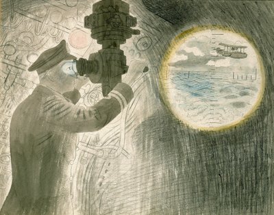 Un oficial de submarino mirando por el periscopio. Acuarela y lápiz sobre papel de Eric Ravilious