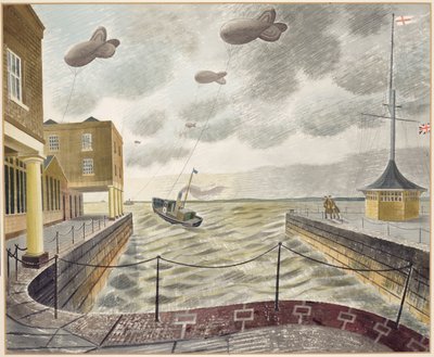 Globos de barrera fuera de un puerto británico de Eric Ravilious