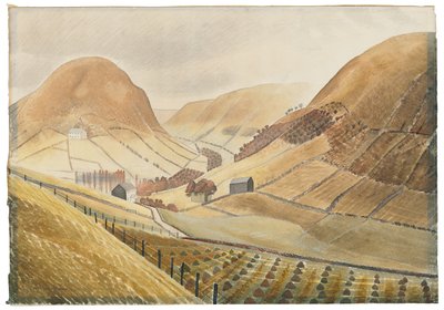 Montones de maíz y granjas - Hill Farm, Capel-y-ffin, Gales de Eric Ravilious