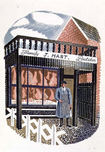 La carnicería, impreso por Curwen Press, de High Street, por J.M. Richards, publicado por Country Life, 1938 (conjunto de 24) de Eric Ravilious