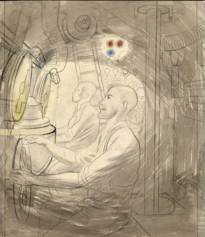 La sala de control de inmersión de un submarino. Serie a lápiz de Eric Ravilious (1903-1942), embarcado en un submarino durante la Segunda Guerra Mundial (1939-1945). de Eric Ravilious
